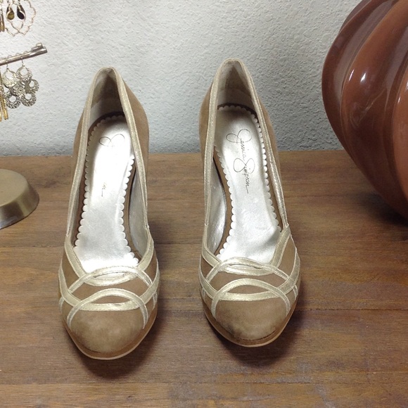 Jessica Simpson Tan & Gold Suede Platform Heels - Picture 2 of 8